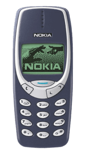 A Nokia 3310. Its a small phone that has a keypad. 